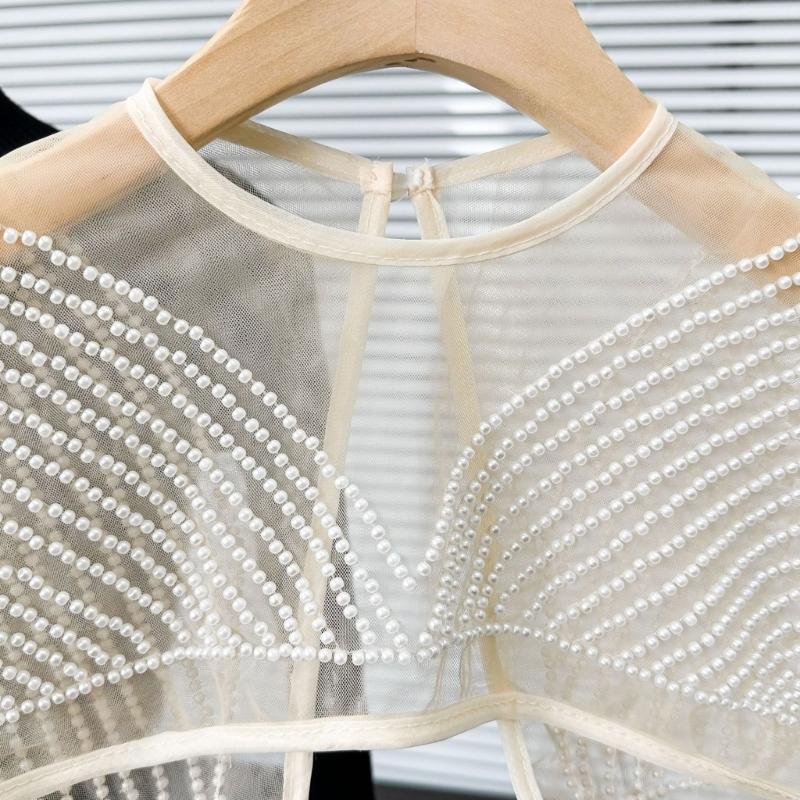 Japanese Women Girl Fake Collar Shawl Scarf Faux Pearls Beading Vintage Shoulder Wrap Sheer Organza Half Shirt Poncho