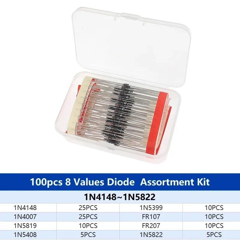 

100 шт. Набір діодів Шотткі 1N4007 1N4148 1N5408 1N5819 1N5822 1N4001 1N4004 1N5404 FR107 FR207 Швидке перемикання випрямного діода
