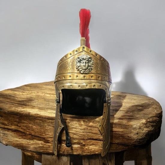 Roman Gladiator Helmet with Red Crest and Brass Queen Crest Handcrafted Medieval Warrior Armor