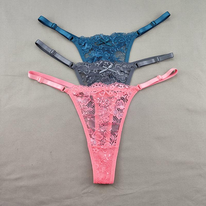 3Pcs Women's Lace Hollow Out Thongs Sheer G-Strings Sexy Ultra-low Rise Seamless Panties Perspective Bow Knickers