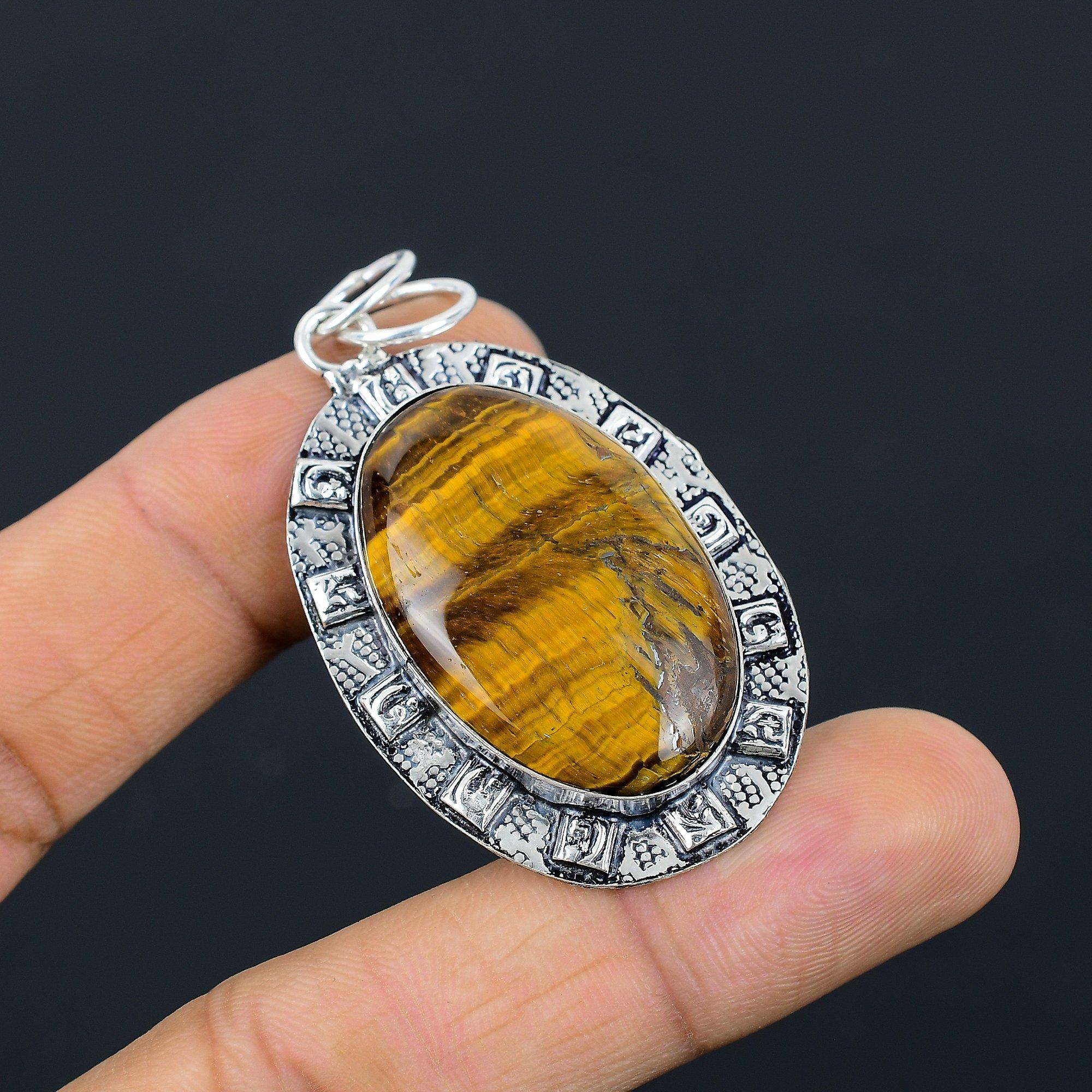 925 Sterling Silver Oval Tiger Eye Stone Daughter Anniversary Bezel Boho Pendant