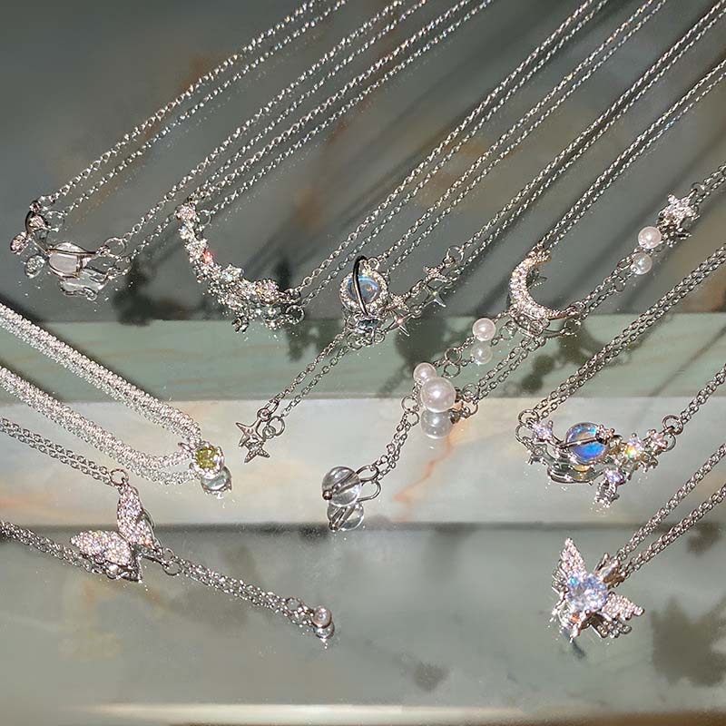 Y2K Shiny Star Necklace for Women Girls Silver Color Crystal Pendant Clavicle Chain Necklace Set Fashion New Trendy Party