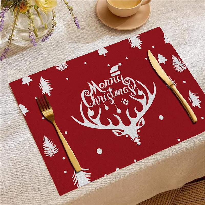 Nordic Christmas Santa Elk Linen Placemat Square, Festive Restaurant Table Decoration