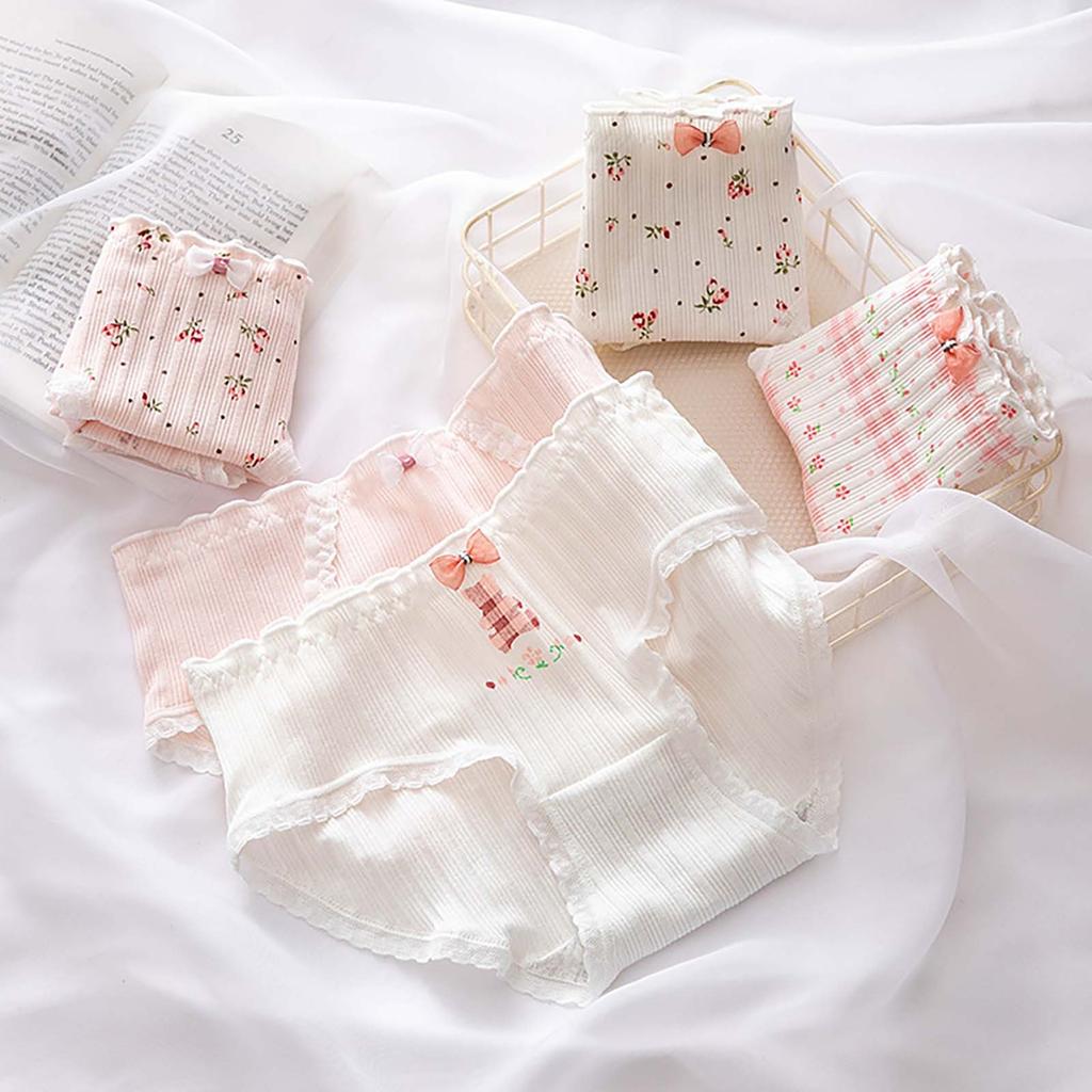 Set of 5 Women's Plus Size Comfortable Breathable Cotton Underwear Pack Soft Stretchy Briefs with Cartoon and Floral Prints