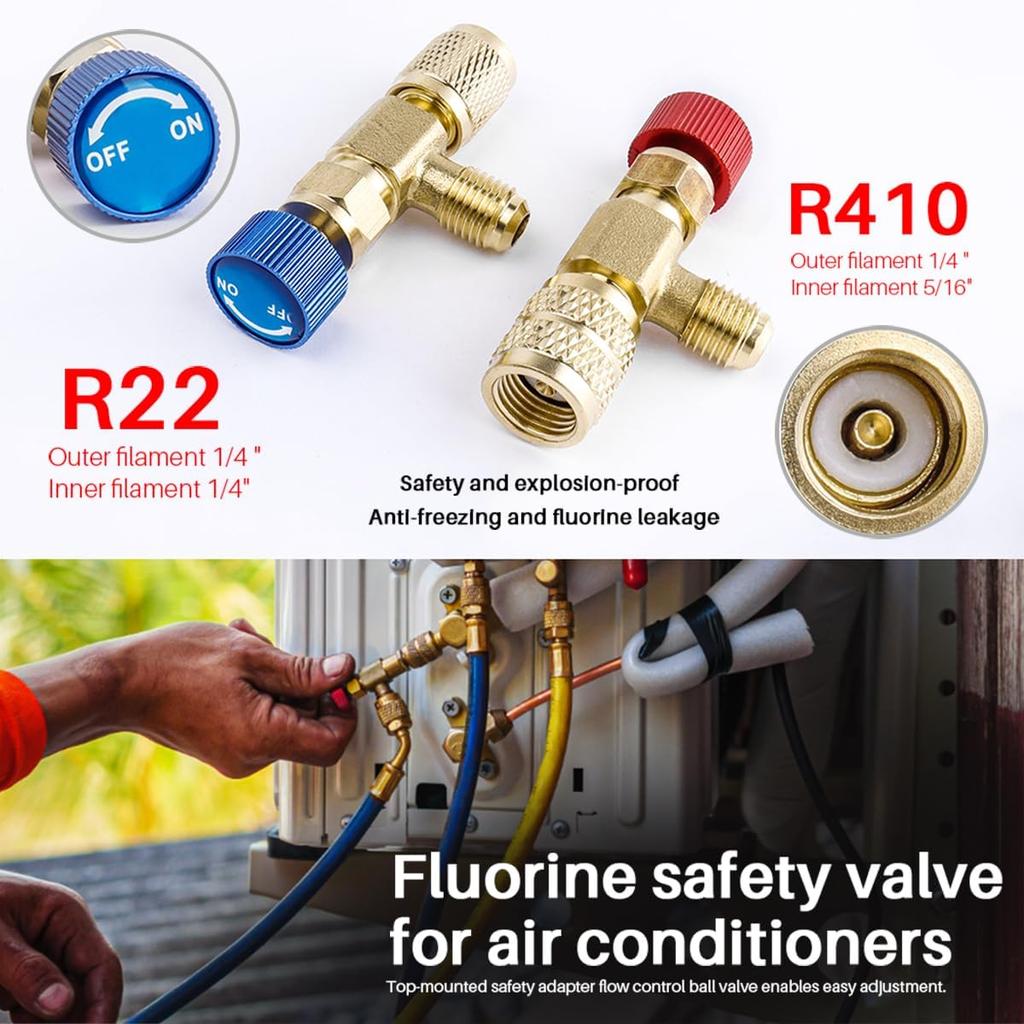 Wolfride 2Pcs Refrigerant Charging Valve Set, Brass Low Loss HVAC Fittings, 1/4" & 5/16" Safety Adapter Flow Control Ball Valve for R22 R410 Air