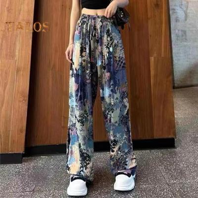 Women Summer Casual Pants Elastic Waist Adjustable Tie Straight Wide Leg Long Trousers Camouflage Striped Print Lounge Pants Streetwear
