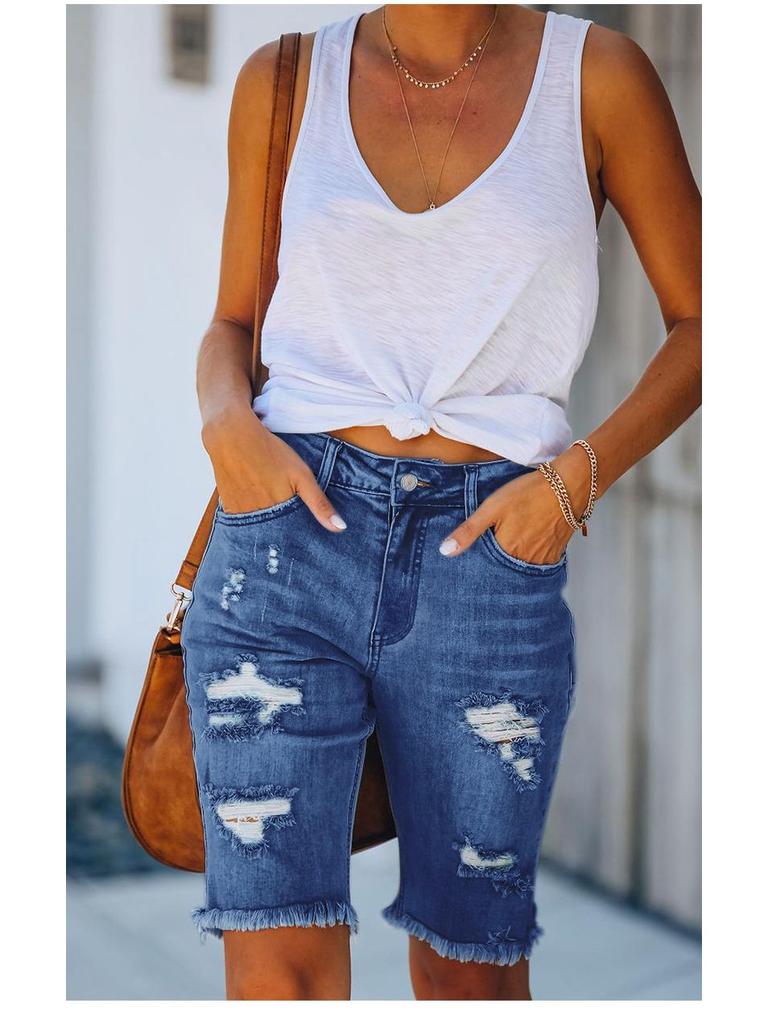 European Summer Tassel Ripped Skinny Cropped Jeans - Women's Mid-Waist Fashion