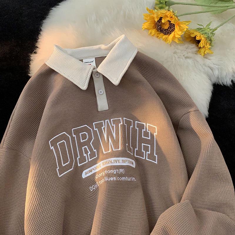 Autumn & Winter Men s American Retro College-Style Waffle Knit Hoodie with Chic Color Block Polo Design L кофейный