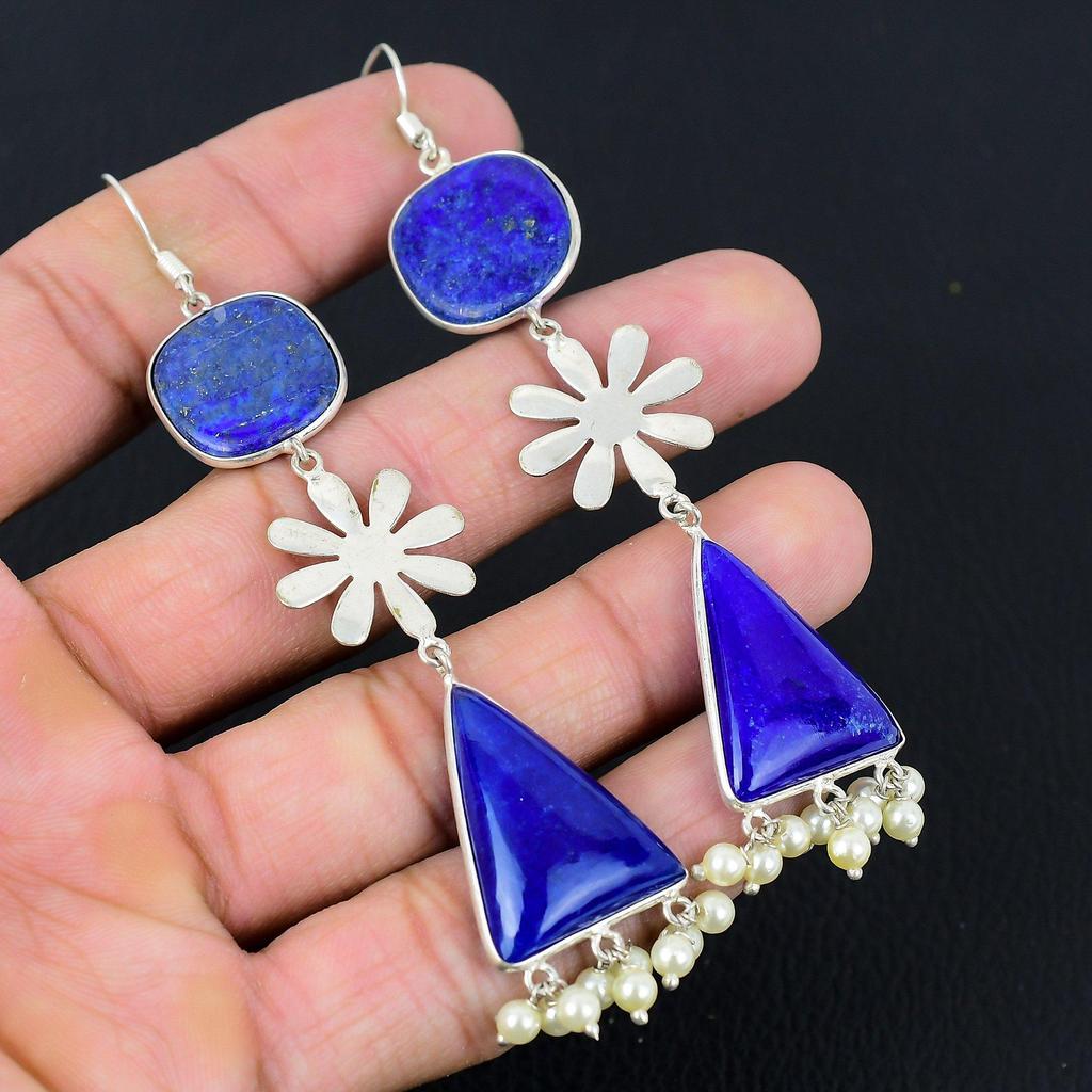 Daughters Day Deal Lapis Lazuli Stone 925 Silver Dangle Engagement Wife Earrings