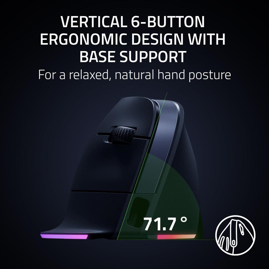 Razer Pro Click V2 Vertical Wireless Ergonomic Design AI Prompt Windows Mac Compatible Connectivity via or USB C Wired Mode Chroma RGB Mouse 6-Button