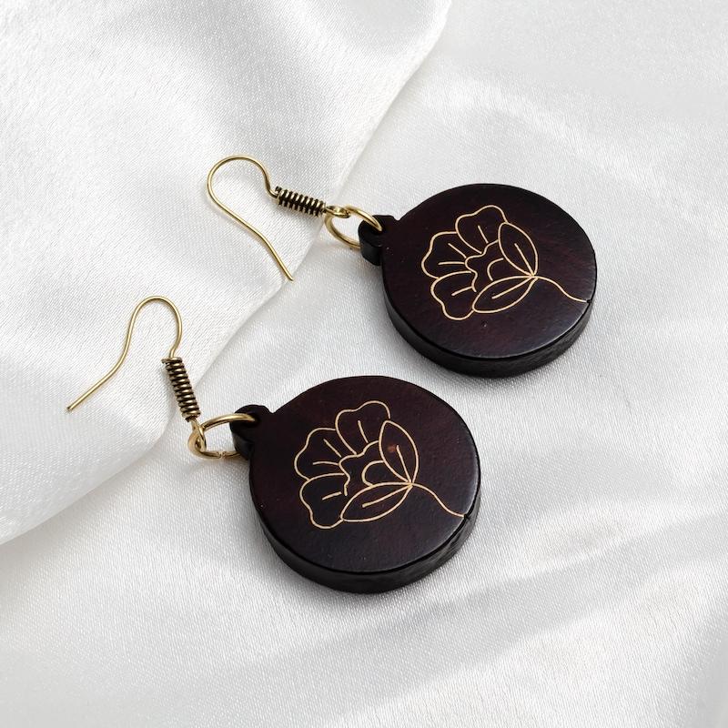 Серьги-подвески ручной работы из дерева: Инкрустация Анемон, Нейзильбер