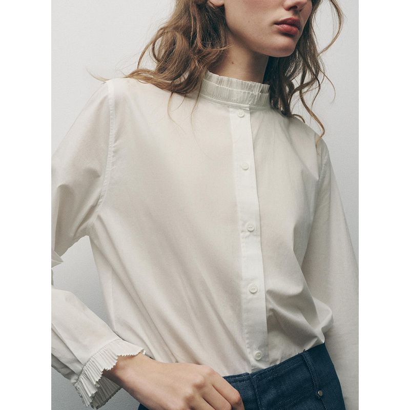 Za2025 Spring New Women's Clothing Minimalist Easiest for Match Pure Color Long Sleeves Casual Spinning Laminated Decoration Shirt 4786060