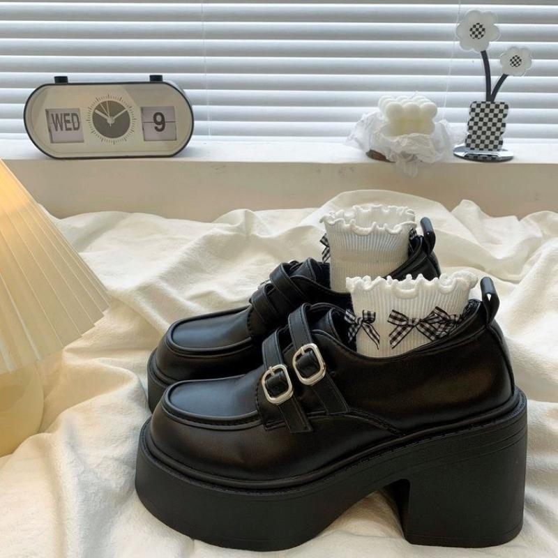 Fashion 2025Autumn Double Buckle Lolita High Heel Chunky Heel Women's Mary Jane Shoes Increase Height British Thick Bottom Leather Shoes