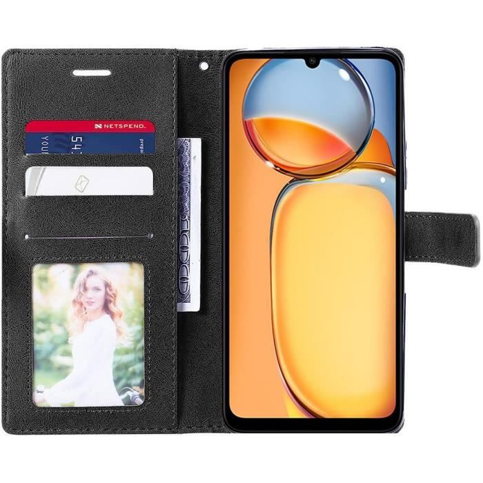 Hülle für Xiaomi Redmi 13C - Schwarz - Retro-Lederoptik - Stoßfester Schutz - Ständer - Kartenhalter