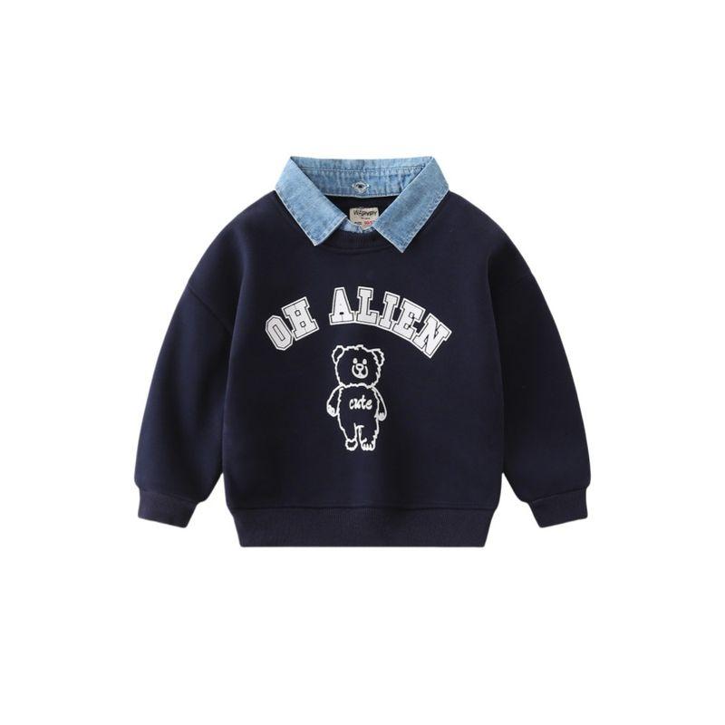 Kids False Two-Piece Sweaters Fleece-lined Children's Clothing Boys' Denim Collar Polo Tops Boys' Polar Fleece Lapel Clothes