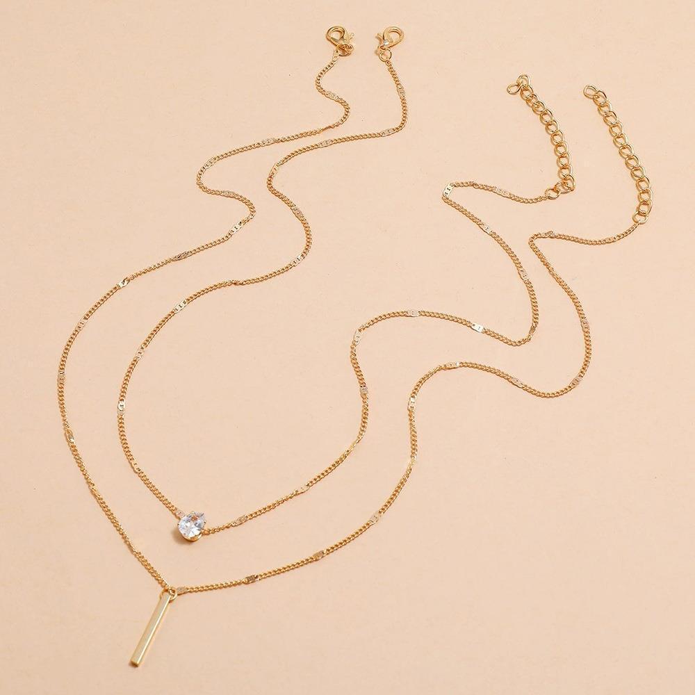 c096 Personality Fashion Double Layer Stacked Water Drop Shaped Small Diamond Long Tassel Pendant Necklace Two-Piece Set