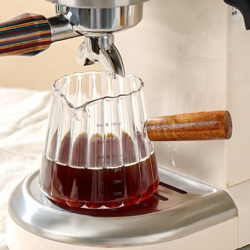 Glass Milk Frothing Cup 180Ml with Wooden Handle Double Measurement Lines and Pour Spout Espresso Shot Glass for Coffee Station Kitchen Tasks