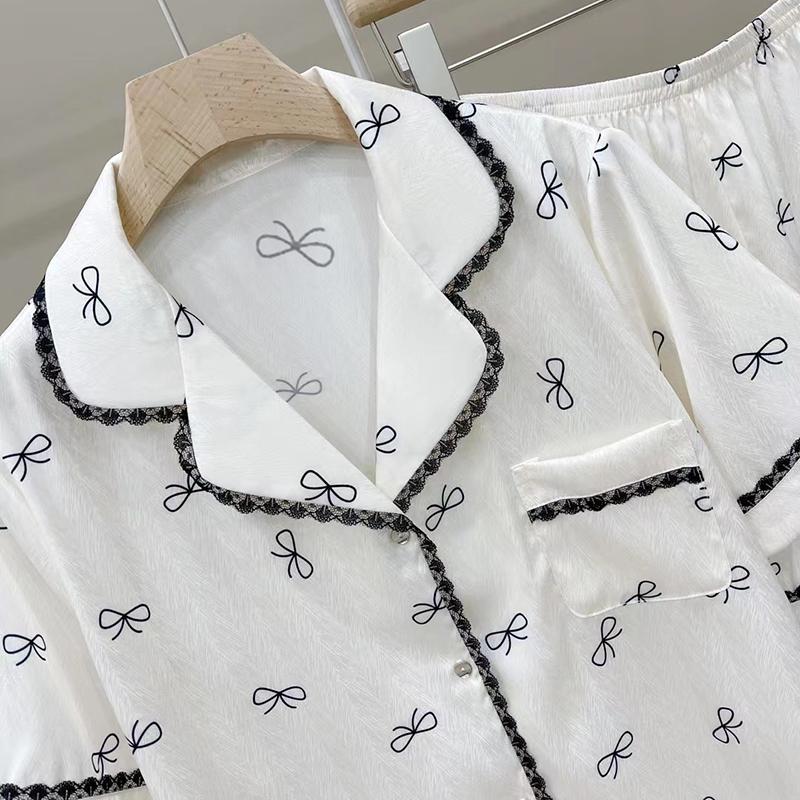 Elegant Sweet Black Lace Bow Print Pajamas for Women Casual Summer Cool Female Sleepwear Lady House Clothing
