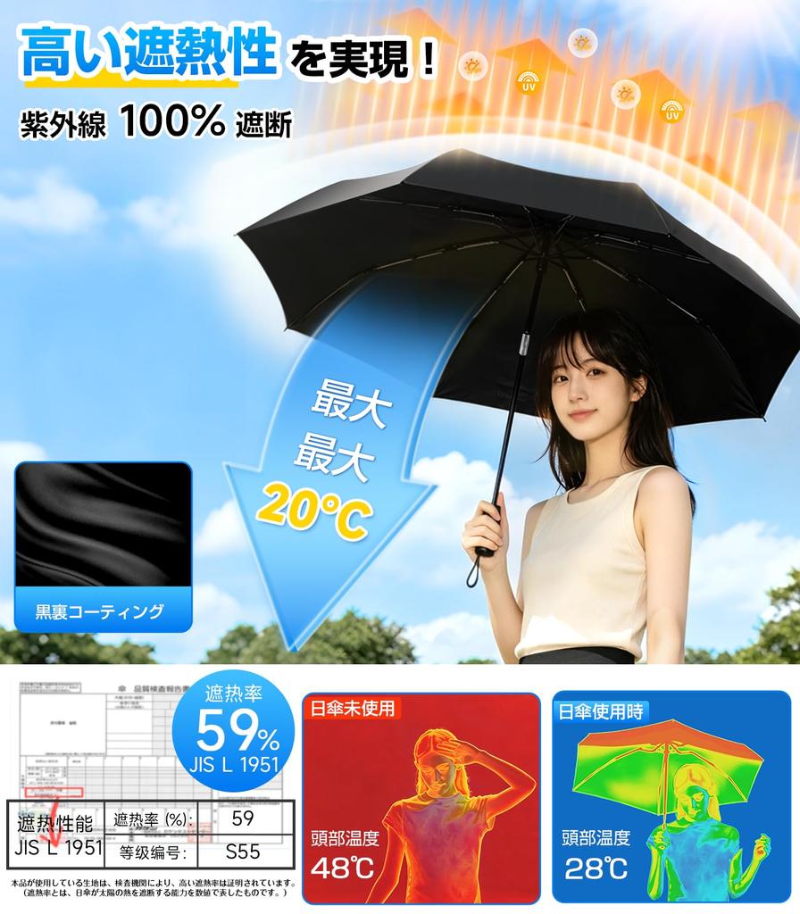 Parasol [Shape Memory, 8 Ribs, JIS Certified, 100% UV Cut, Complete Sun Protection] Foldable, Suitable for Sunny and Rainy Days, One-Touch Automatic O