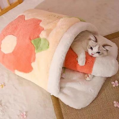 Japonská Sakura Teplá Kočičí Postel Kočičí Spací Pytel Hluboký Spánek Zimní Psí Bouda Kočičí Hnízdo Polštář s Polštářem Odnímatelné Produkty pro Domácí Mazlíčky