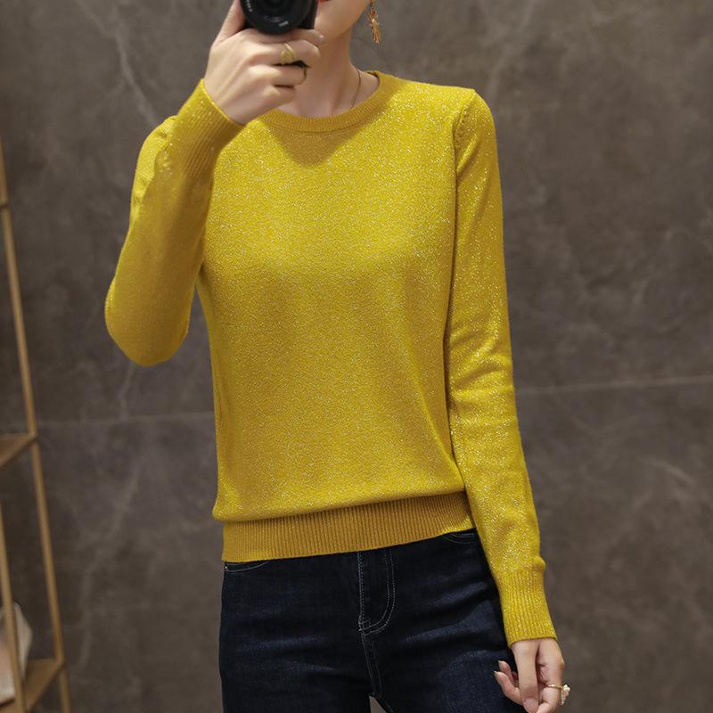 

Женский джемпер с круглым вырезом из яркого шелка, с длинным рукавом, осенне-зимний, повседневный пуловер с круглым вырезом, вязаный свитер S