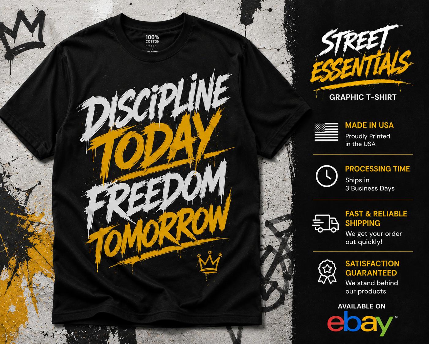 Discipline Today Freedom Tomorrow Streetwear Graphic Motivational Unisex T-Shirt XXXXL