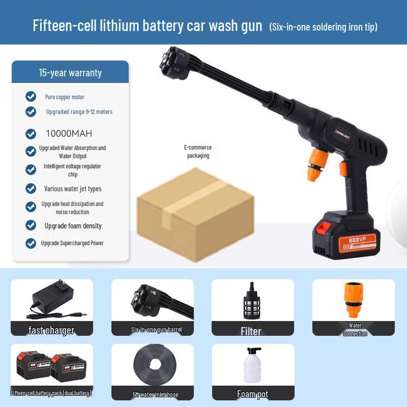 Portable Wireless Lithium Battery Car Washer: 10-Setting High-Pressure Water Gun with Six-in-One Head