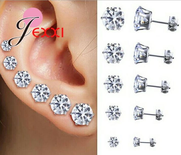Fine 925 Sterling Silver Jewelry Earrings Clear Cubic Zircon 3MM 4MM 5MM 6MM 7MM 8MM Mix Size 6 Pairs Women Men Ear Accessories