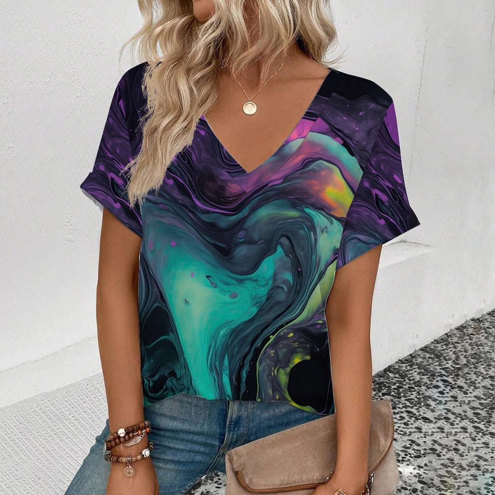 Women'sshort Sleeve V-Neck T-Shirt Colorful Tassels Pattern T-Shirt Fashion Casual Women's Elegant Comfort Large Size T-Shirt