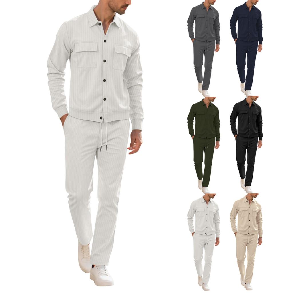 Men's Casual Solid Color Suit Solid Color Double Pocket Button Lapel Long Sleeve Pants Two-Piece Suit