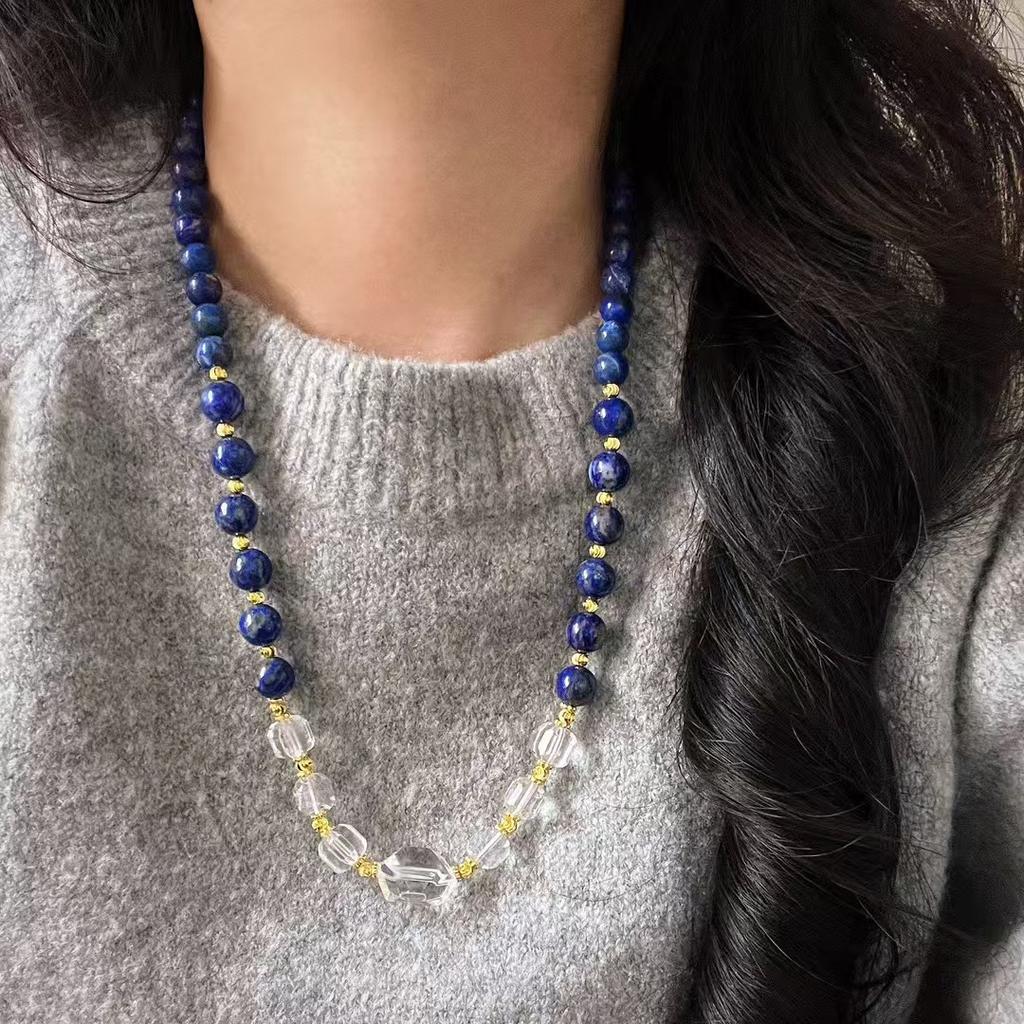 Vintage High Quality Natural Lapis Lazuli White Crystal Design Sweater Chain Necklace Collarbone Chain