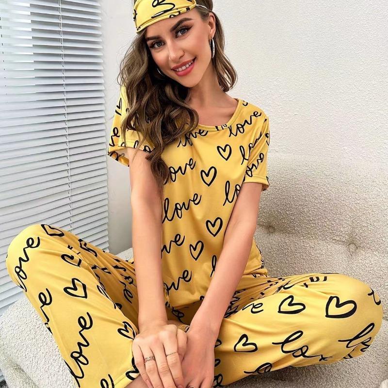 Ladies Pyjamas Dark Pink Letter Printed Short Sleeved T-shirt and Pants Sleepwear With2Pieces Casual Home Wear