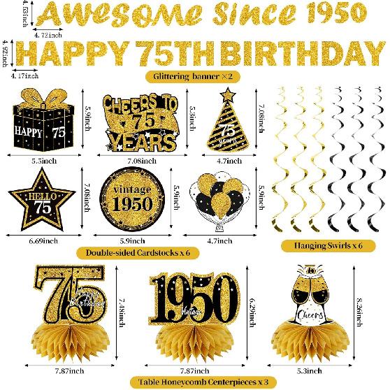 11Pcs 75th Birthday Decorations Kit for Men Women, Black Gold Happy 75th Birthday Banner, Awesome Since 1950 Centerpieces Swirls Party Supplies, 75