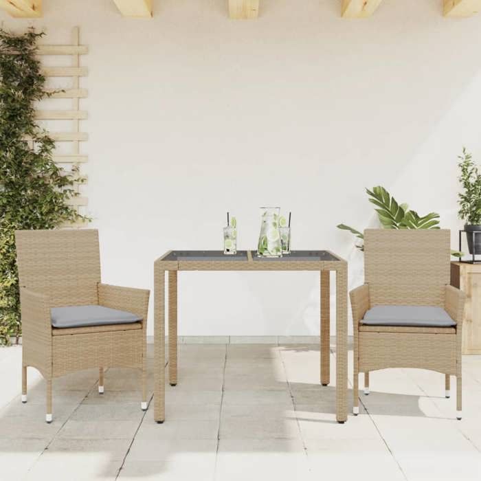 VidaXL Ensemble à manger de jardin et coussins 3 pcs beige rotin verre, ensemble de salle à manger d'extérieur, meuble de 3278561