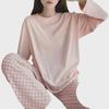 Women's Milk Silk Checkerboard Pajama Set - Round Neck, Long-Sleeve, Self-Contained Breast Pads for Spring and Autumn