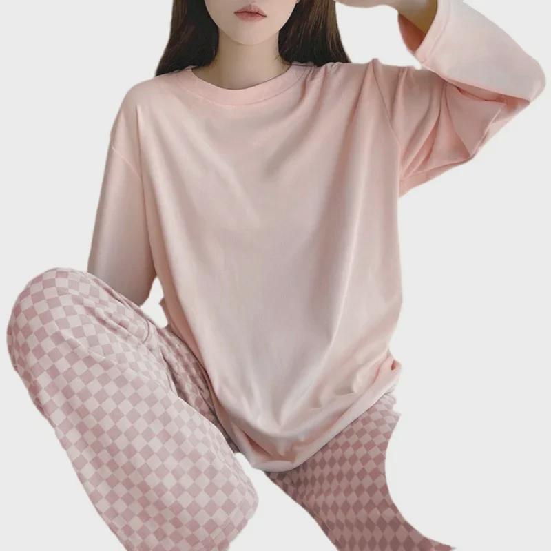 Women's Milk Silk Checkerboard Pajama Set - Round Neck, Long-Sleeve, Self-Contained Breast Pads for Spring and Autumn