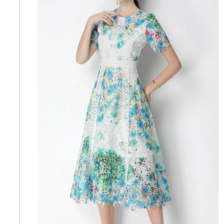 Ricamo Formale Lusso Sera Midi Abito Donna Estate Uncinetto Fiore Lavorazione a Maglia Intrecciata Manica Corta Pizzo Lunghi Abiti Festa Vestiti