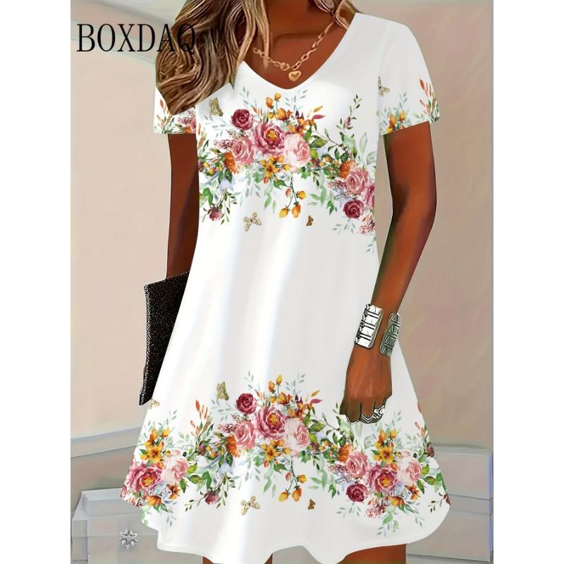Striped Dresses Summer Elegant Women'S Clothing Fashion V-Neck Flower 3D Print Short Sleeve Dress New Plus Size Loose Dress