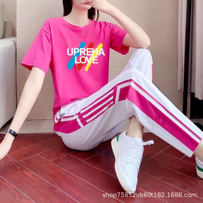 Sports Hong Kong style suit women's summer new high-end short-sleeved top straight-leg pants fashion casual loose two-piece set