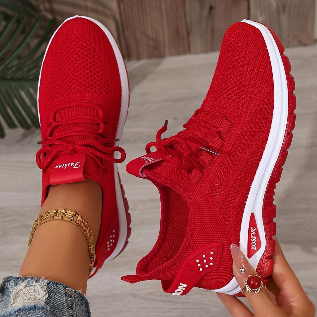 Women's Breathable Knit Casual Sneakers - Lightweight Cushioned EVA Sole, Anti-Slip Traction, All-Season Comfort, White Low-Top Lace-Up Shoes