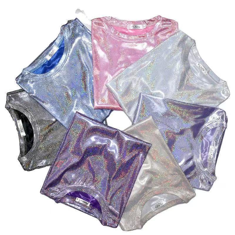 Top Corto Scintillante Stile Coreano - T-shirt da Performance Trendy Luminosa a Maniche Corte Larghe da Donna