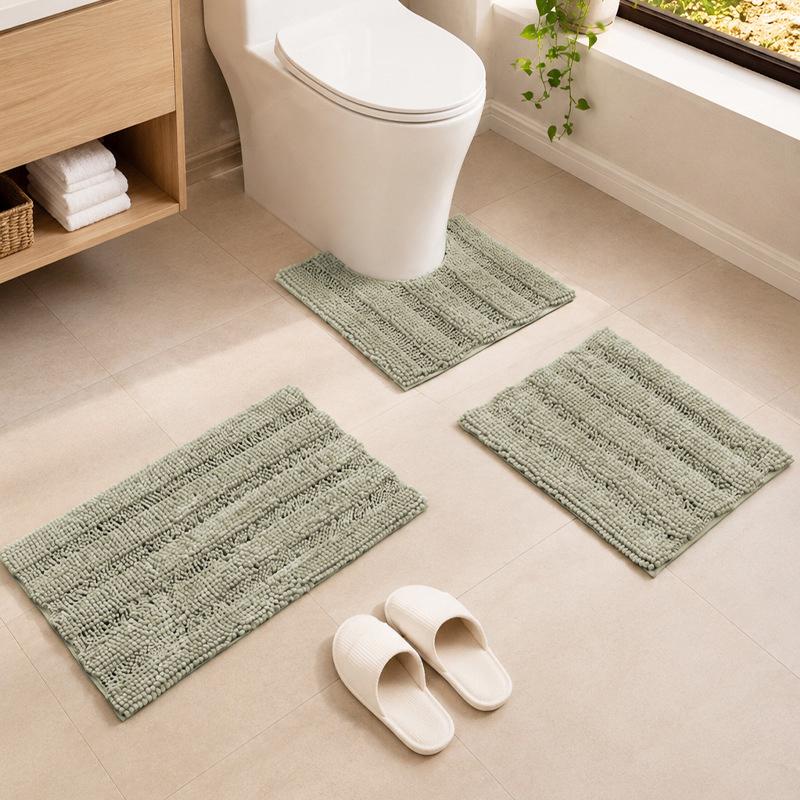 Chenille Bathroom Mat Set, Water Absorbent Toilet Floor Mats, Non‑Slip Bath Mat With U‑Shaped Toilet Rug For Home Bathroom