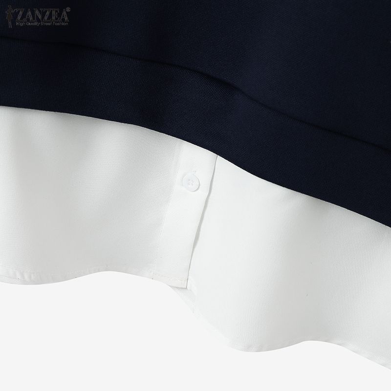 ZANZEA Sweat-shirts décontractés pour femmes à col rabattu, manches longues et patchwork