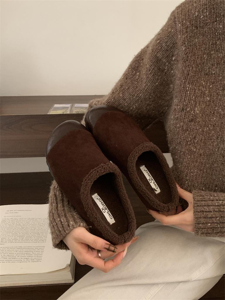 2025 Autumn and Winter Outer Wear Ugly Cute Big Head Female Retro Bag Head Cotton Fluffy Half Slippers Velvet Warm One Pedal Lazy