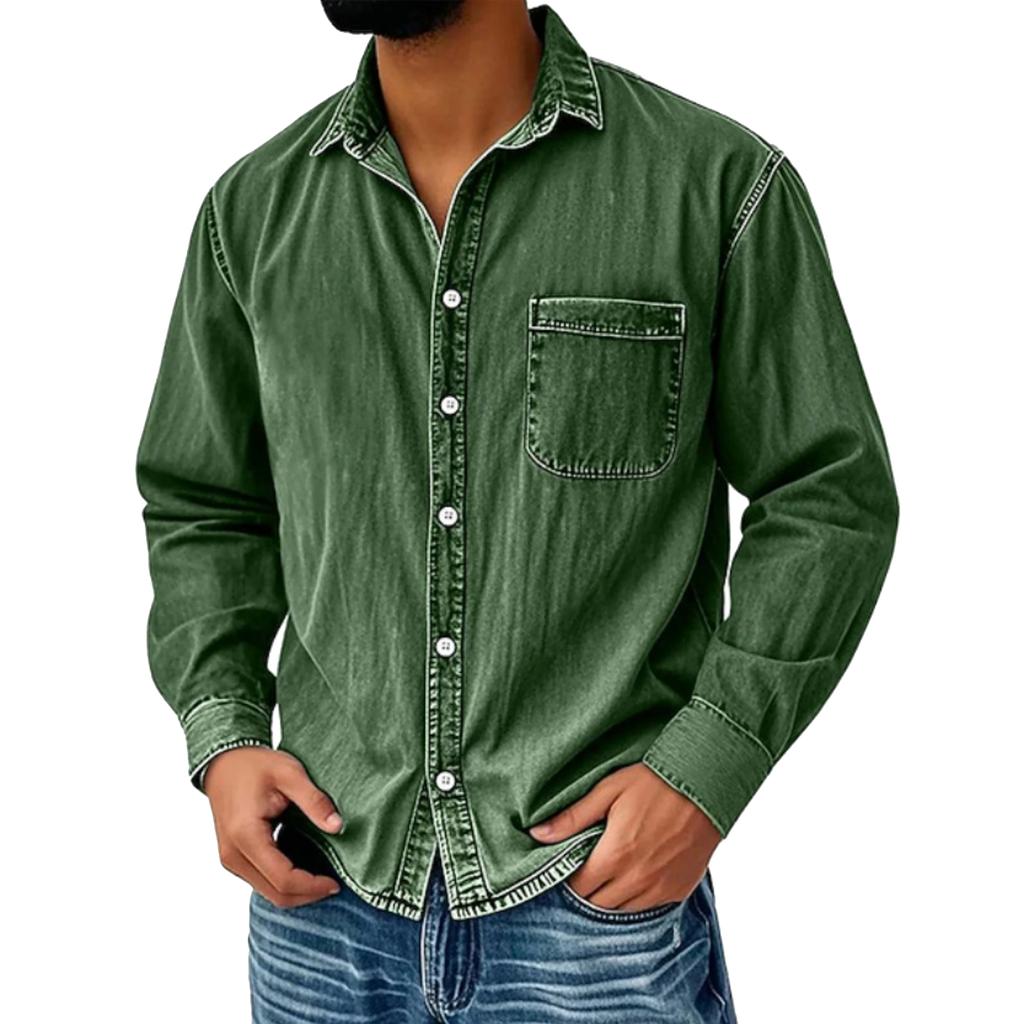 Men's Casual Solid Color Distressed Denim Shirt, Men's American Workwear, Retro Washed Long-sleeved Top