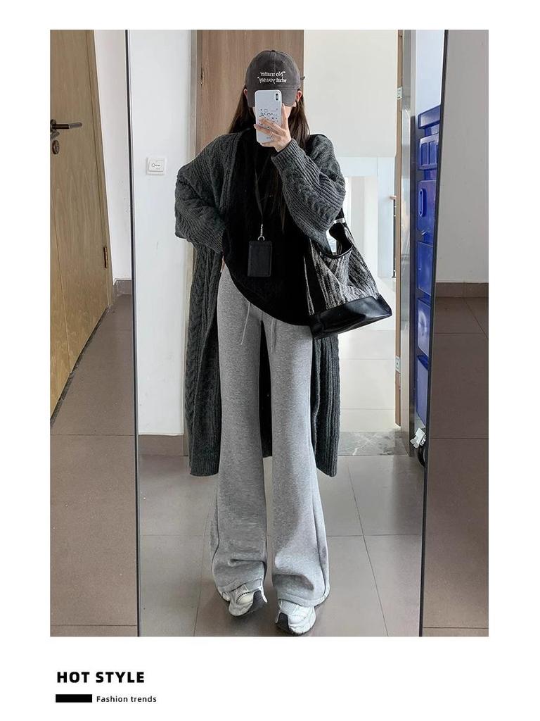 Women's Petite High-Waisted Micro-Flare Sweatpants - Dark Grey, Slimming Fit, 145-150cm, Spring/Autumn Style