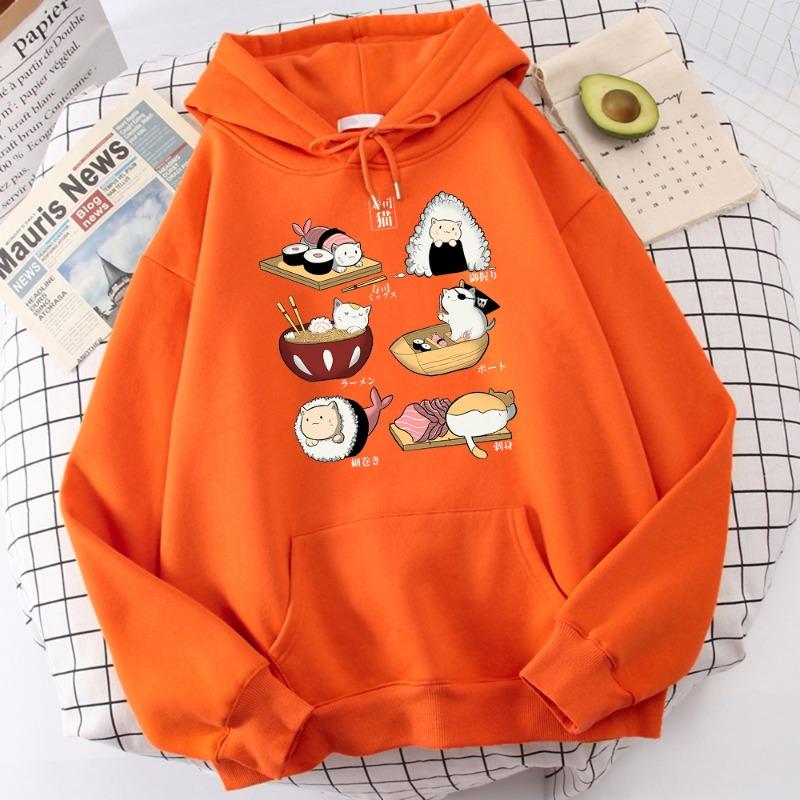 Food Cute Cat Sushi Printed Hoodie Mens Autumn Fleece Oversize Hoody Hip Hop Loose Sweatshirt Soft Oversize  Clothes Tops
