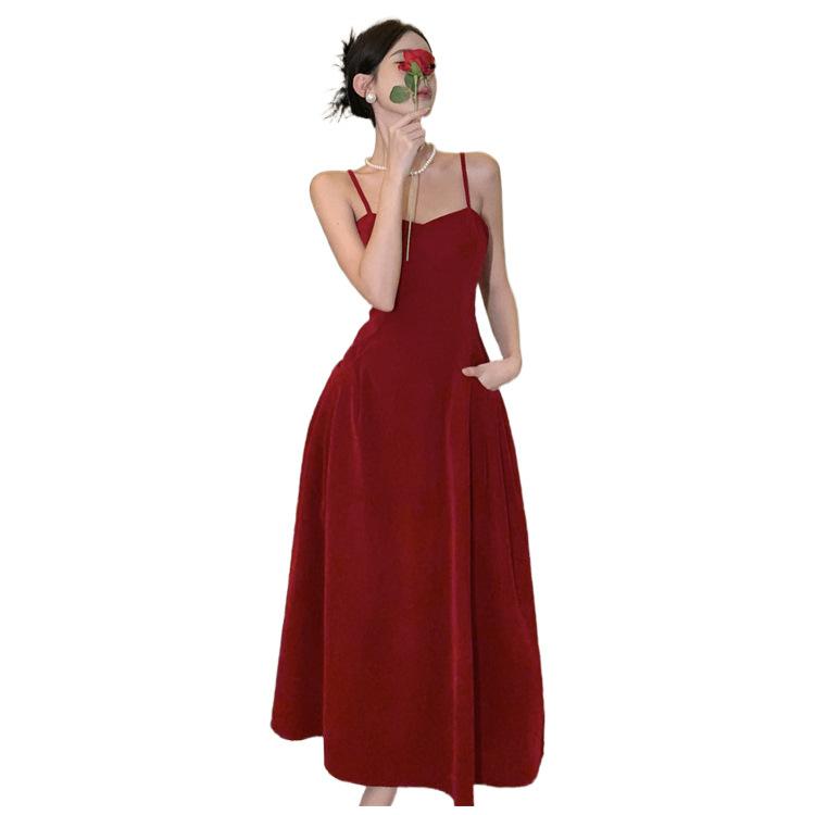 French retro red velvet suspender dress spring and autumn high waist slim fit medium and long bottom skirt women's dress skirt