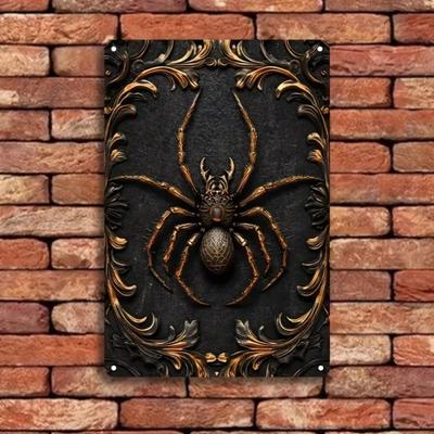 Fer Rétro 2DGoldenSpiderCo Panneau Décoratif Insecte Vintage Aluminium Accroché au Mur avec Araignée Dorée 3D Affiche Décorative