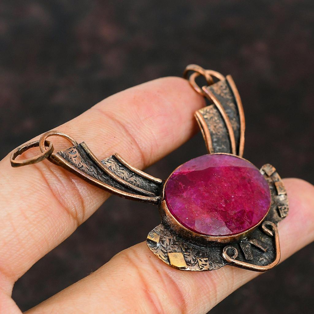 Faceted Kashmir Ruby Pendant Copper Pendant Genuine Gemstone Pendant Handmade Jewelry Latest Design Pendant Copper Jewelry Gifts For Friend